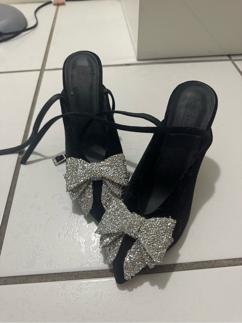ASOS Black Suede Heeled Mules with Crystal Bow Accent